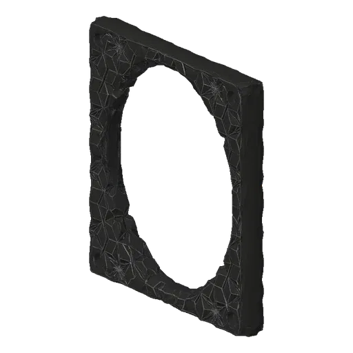 3D model of a dark, square frame with a central circular opening and intricate geometric starburst patterns on its border.