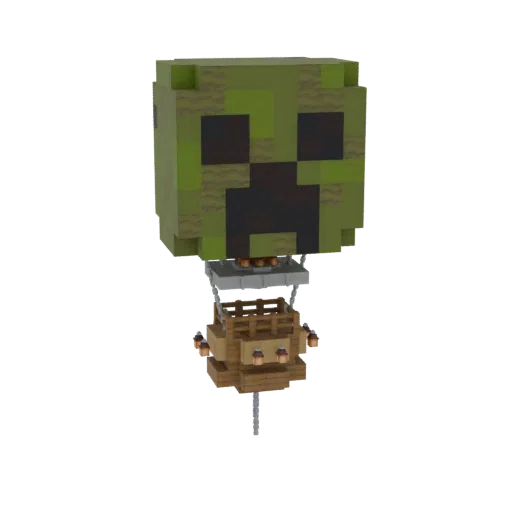 3D model of a hot air balloon designed to look like a Minecraft Creeper, with a wooden basket and lanterns.
