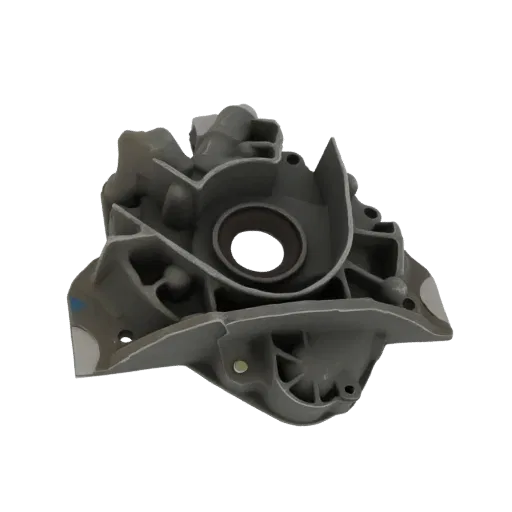 3D render of a gray metal engine oil pump housing with a dark seal visible in the center, set against a black background.