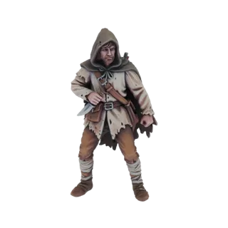 Render de modelo 3D de un personaje pícaro masculino con capa con capucha desgastada y daga.