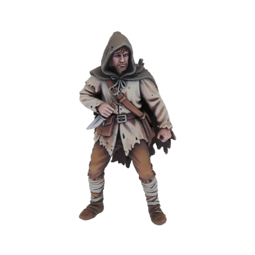 3D model render of a male rogue character wearing a tattered hooded cloak and holding a dagger.