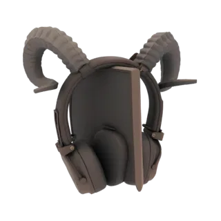 3D-Modell eines Kopfhörerhalters mit großen, geschwungenen Widderhörnern, die sich nach oben wölben, mit Kopfhörern auf der z