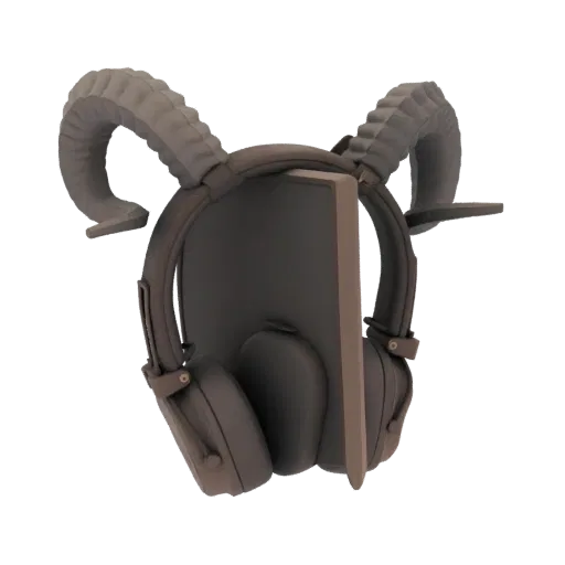 3D-Modell eines Kopfhörerhalters mit großen, geschwungenen Widderhörnern, die sich nach oben wölben, mit Kopfhörern auf der z