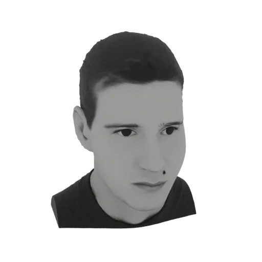 A grayscale 3D model render of a young man's head and shoulders, looking slightly to the side.