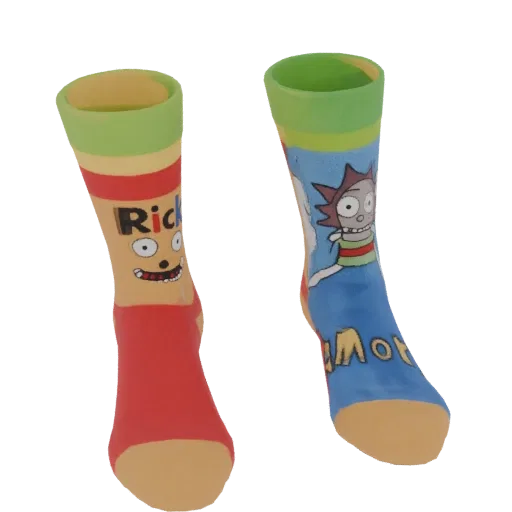 3D model of Rick and Morty socks from the animated series, vibrant colors, detailed character images