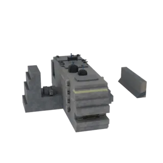 Modèle 3D d'un complexe industriel futuriste gris, anguleux, avec lumières jaunes et une barrière en béton séparée.