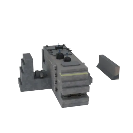 Modello 3D di un complesso industriale futuristico grigio, squadrato, con luci gialle e una barriera in cemento separata.