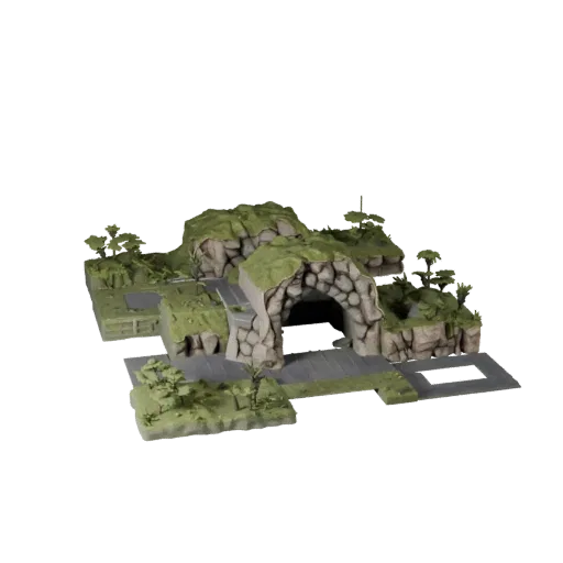 Cave Entrance Terrain Modular 3D model, isometric modular kit view, showing sculpted terrain, built remnants.
