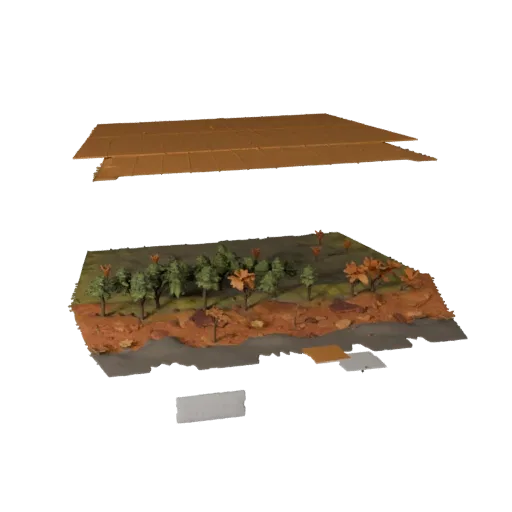 Autumn Woodland Biome Modular 3D model, isometric modular kit view, showing terrain layers, layered vegetation clusters.