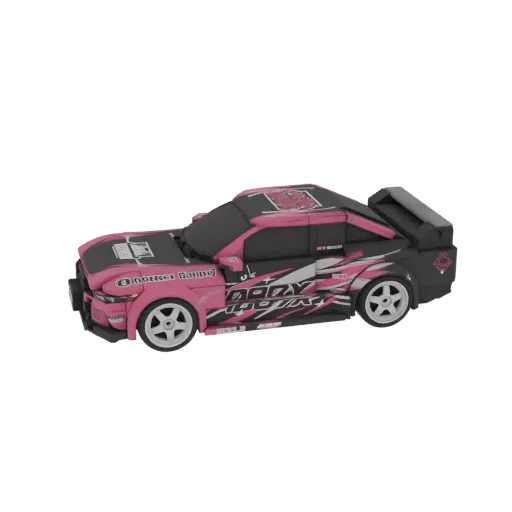 3D model of a pink drift car with black racing graphics and a spoiler, viewed from the side.