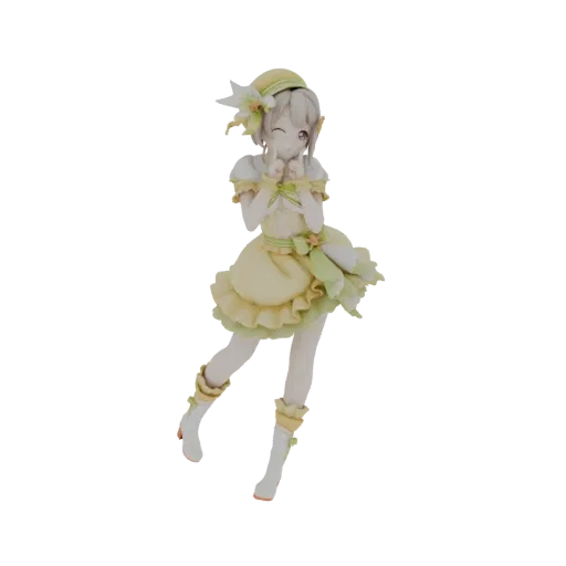 Modello 3D di una ragazza anime carina in un vestito floreale giallo, che fa l'occhiolino e posa giocosa.
