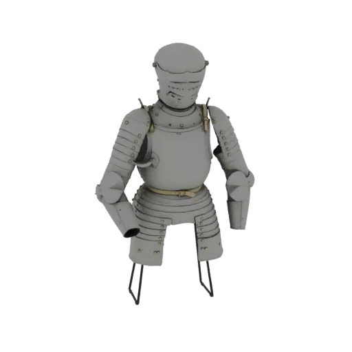 3D model of a full plate armor suit with a visored helmet, breastplate, and articulated limbs, displayed on a simple stand.