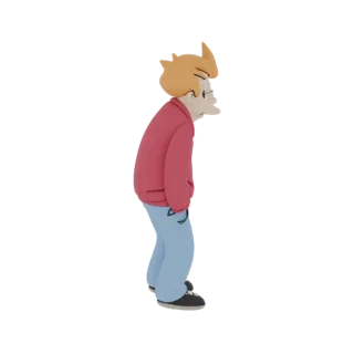 Modello 3D di Philip J. Fry di Futurama, indossa una giacca rossa e jeans blu, in piedi con le mani in tasca.