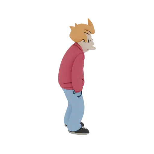 Modello 3D di Philip J. Fry di Futurama, indossa una giacca rossa e jeans blu, in piedi con le mani in tasca.