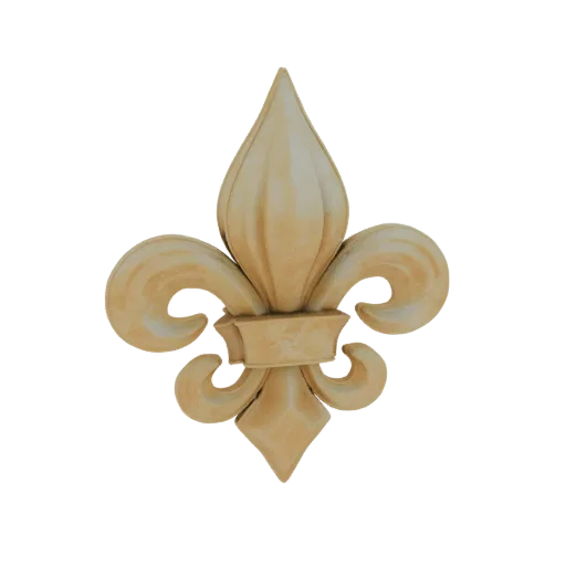 A 3D model of an ornate beige fleur-de-lis emblem with intricate detailing and a stone-like texture.