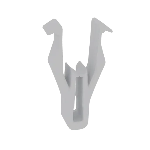 A 3D render of a white plastic clip with a U-shaped base and two opposing prongs.