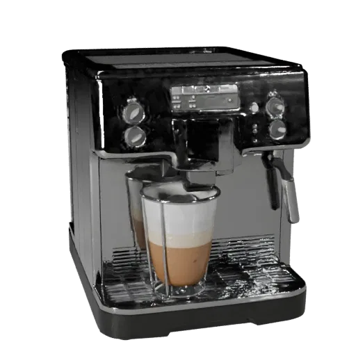 Modelo 3D estilizado de Máquina de Café de Acero Inoxidable, comedor, renderizado isométrico estilizado, detalle de plástico.