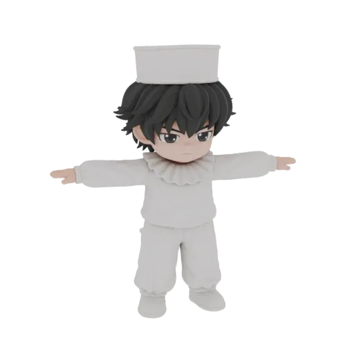 Ein 3D-Render einer Chibi-Figur als Koch, trägt eine weiße Kochmütze und Outfit, mit ausgestreckten Armen in T-Pose.