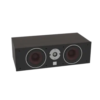 Modelo 3D de un altavoz central DALI Oberon Vokal negro con dos woofers rojo-marrón y un tweeter plateado.