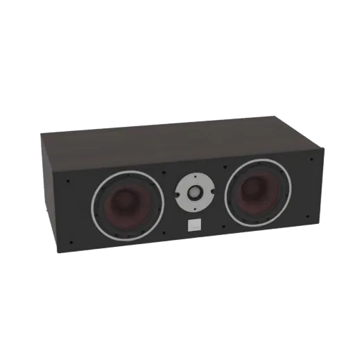 Modelo 3D de un altavoz central DALI Oberon Vokal negro con dos woofers rojo-marrón y un tweeter plateado.