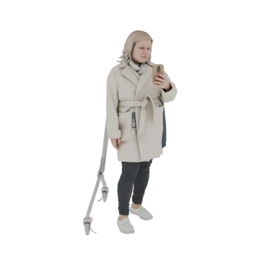 3D model of a woman in a beige coat holding a smartphone, with a silver tripod standing next to her.