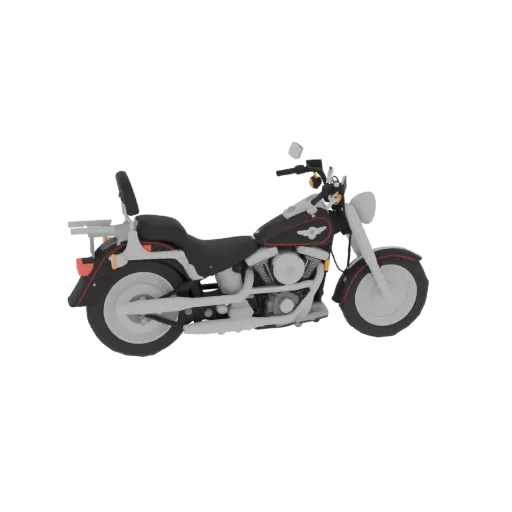 3D model of a classic black and silver cruiser motorcycle with red accents, viewed from the side.