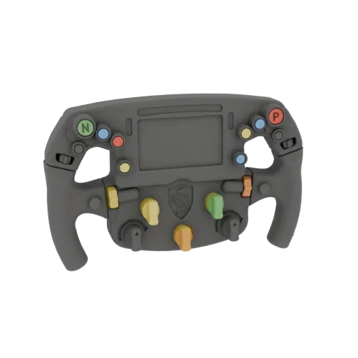 Modelo 3D de um volante de corrida Fórmula 1 cinza escuro com botões coloridos e um logotipo central da Ferrari.