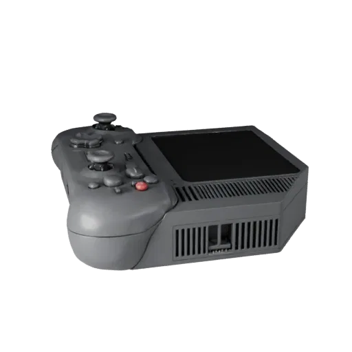 Mini Game Console Product Viz 3D model, three-quarter studio product render, showing matte plastic, console proportions.