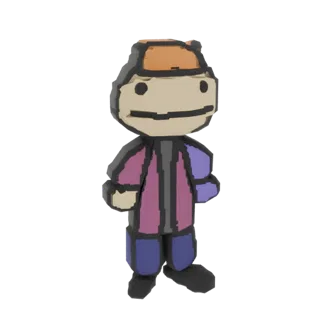 A 3D render of a blocky cartoon character with a simple face, wearing a hat, a striped jacket, and blue pants.