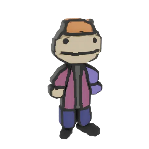 A 3D render of a blocky cartoon character with a simple face, wearing a hat, a striped jacket, and blue pants.