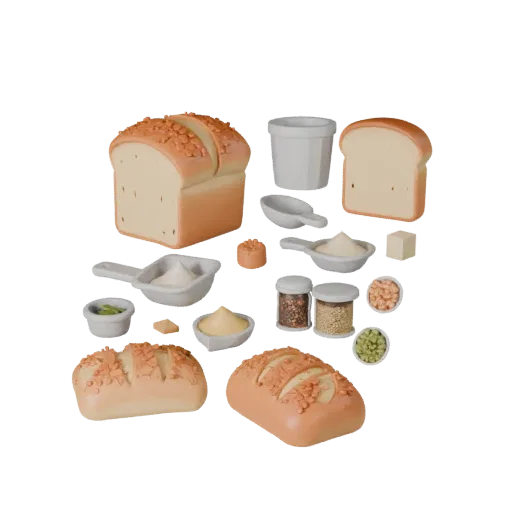 Bread Loaf Printable 3D model, isometric STL render, showing powders, small ingredient shapes.