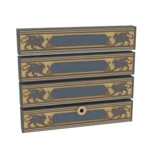 3D render of an ornate four-drawer chest with dark grey drawers, gold trim, and silhouetted griffins on each drawer front.
