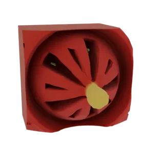 Render 3D di una sveglia rossa a forma di pomodoro con ventola visibile e centro giallo, su sfondo bianco.