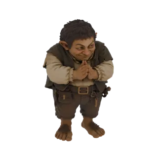 3D model of a grinning goblin with dark hair, wearing a vest and trousers, with its hands clasped together.