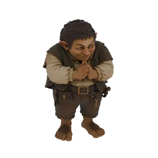 3D model of a grinning goblin with dark hair, wearing a vest and trousers, with its hands clasped together.