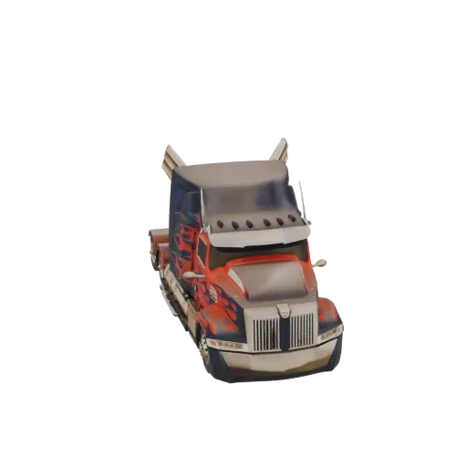 Modello 3D di un camion decorato con fiamme rosse e blu, ispirato a Optimus Prime, visto da una prospettiva frontale leggerme