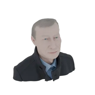 Preview render of a 3D model bust of a man with short gray hair, wearing a dark jacket and a blue collared shirt.