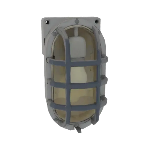 3D model of a gray industrial wall lamp with a protective metal cage and a visible light bulb, set against a white background