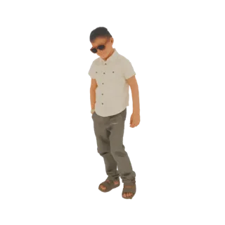 Modello 3D di un bambino con occhiali da sole e sandali, con una mano in tasca.