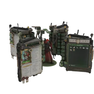 Modelo 3D de um terminal de dados futurista com figura de Tech-Priest vestida, apresentando telas verdes e detalhes mecânicos
