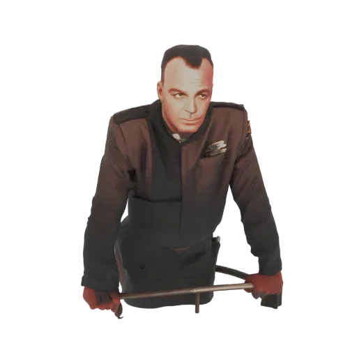 3D model of a Starfleet Commander in a brown and grey uniform, looking forward with a serious expression.