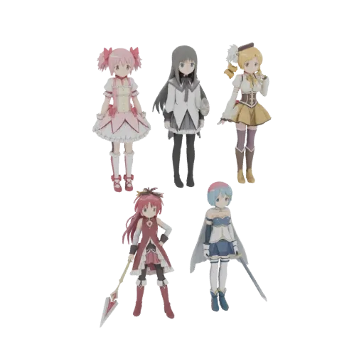 A 3D render of five anime-style magical girl characters standing together, showcasing their distinct outfits and poses.