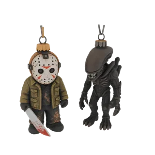3D model render of two chibi-style horror ornaments: Jason Voorhees with a mask and machete, and a Xenomorph.
