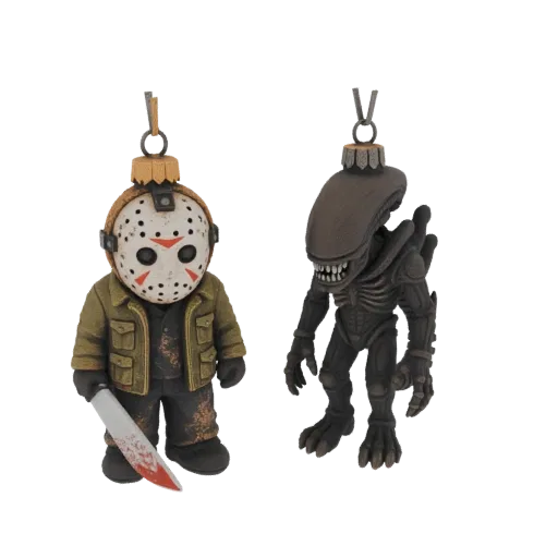 3D model render of two chibi-style horror ornaments: Jason Voorhees with a mask and machete, and a Xenomorph.