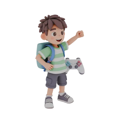 3D model of a happy 10-year-old boy with a backpack and gamepad, standing in a joyful pose.