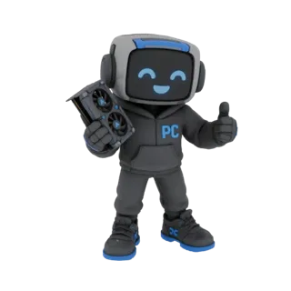 Modèle 3D d'une mascotte robot souriante portant un sweat à capuche et des baskets, tenant une carte graphique et faisant un