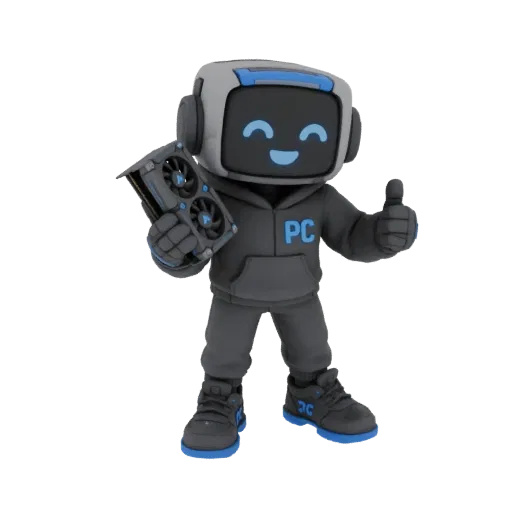 Modelo 3D de um robô mascote sorridente vestindo moletom e tênis, segurando uma placa de vídeo e dando um joinha.