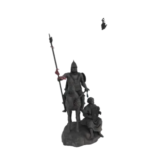 Modelo 3D de un guerrero medieval a caballo con un escudero arrodillado a su lado, renderizado con textura de piedra.