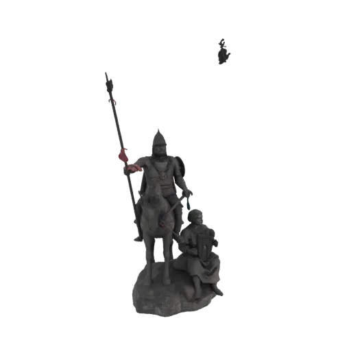 Modelo 3D de un guerrero medieval a caballo con un escudero arrodillado a su lado, renderizado con textura de piedra.
