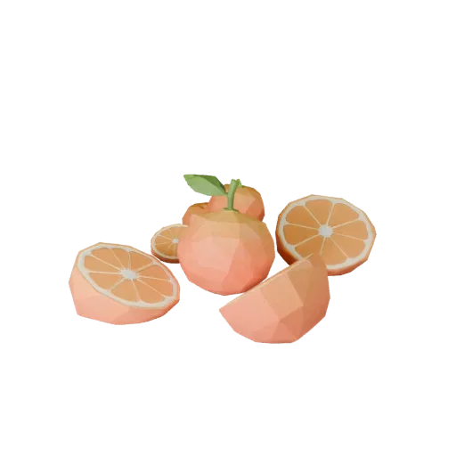 Sliced Orange Low Poly 3D model, game viewport three-quarter view, showing skin pores, recognizable fruit forms.